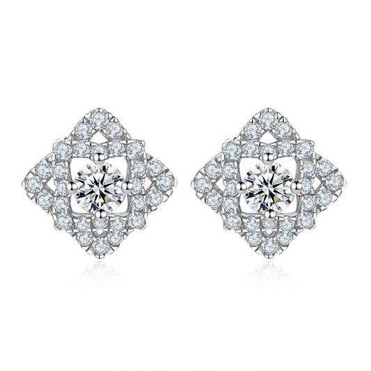 925 Sterling Silver Full Zircon Diamond Earrings for Women Elegant Rhombus Stud Earrings White Gold Plated