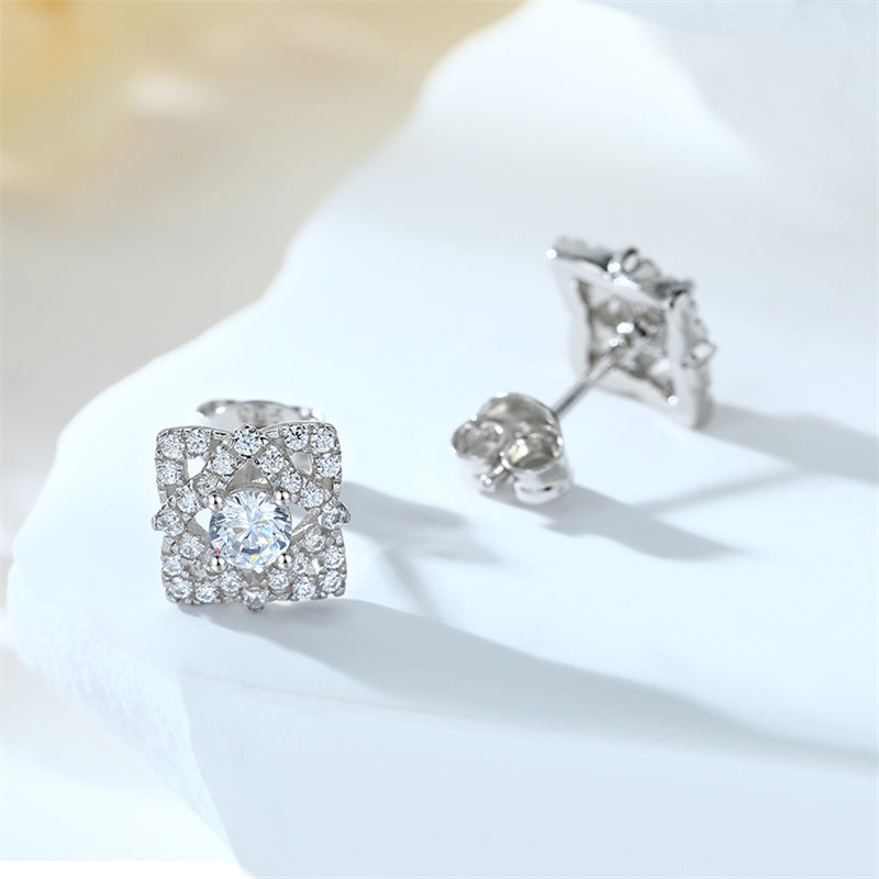 925 Sterling Silver Full Zircon Diamond Earrings for Women Elegant Rhombus Stud Earrings White Gold Plated
