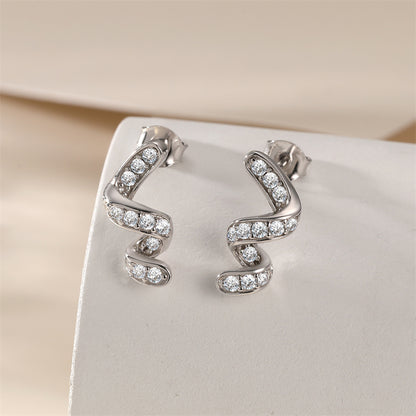 925 Sterling Silver Full Zircon Geometric Earrings for Women Elegant Irregular Design Stud Earrings White Gold Plated