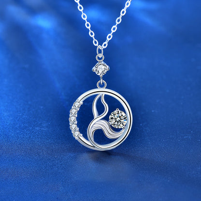 925 Sterling Silver Geometric Circle Pendant Necklace with 0.5ct Moissanite & Long Cross Chain Unique Statement Jewelry