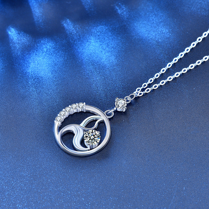 925 Sterling Silver Geometric Circle Pendant Necklace with 0.5ct Moissanite & Long Cross Chain Unique Statement Jewelry