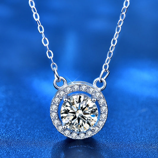 925 Sterling Silver Geometric Circle Pendant Necklace with 1ct/2ct Moissanite & Adjustable Cross Chain - 0.05um Thick White Gold Plated