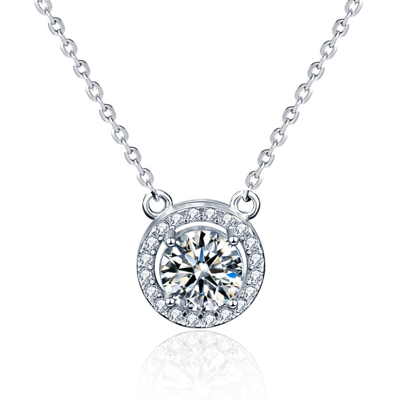925 Sterling Silver Geometric Circle Pendant Necklace with 1ct/2ct Moissanite & Adjustable Cross Chain - 0.05um Thick White Gold Plated