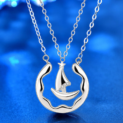 925 Sterling Silver Geometric Couple Pendant Necklace Set Original Design Circle & Triangle Cross Chain Unisex Jewelry