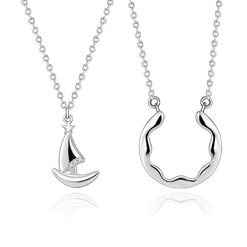 925 Sterling Silver Geometric Couple Pendant Necklace Set Original Design Circle & Triangle Cross Chain Unisex Jewelry