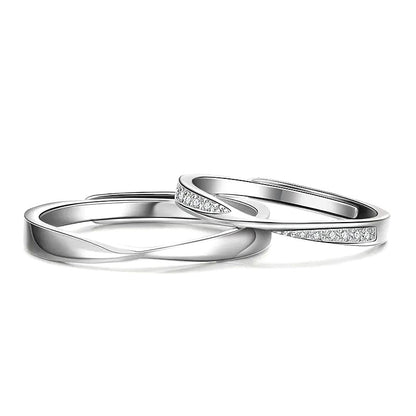 925 Sterling Silver Geometric Couple Rings with Zircon White Gold Plated Adjustable Minimalist Promise Rings for Couples