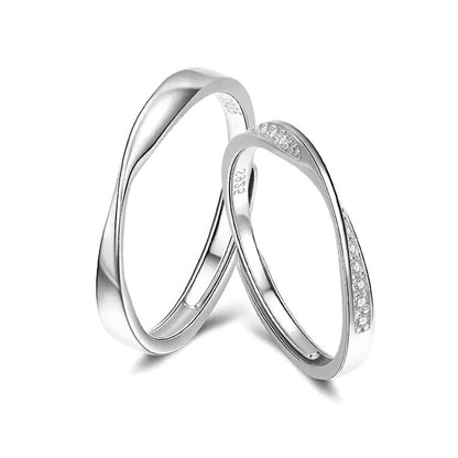 925 Sterling Silver Geometric Couple Rings with Zircon White Gold Plated Adjustable Minimalist Promise Rings for Couples