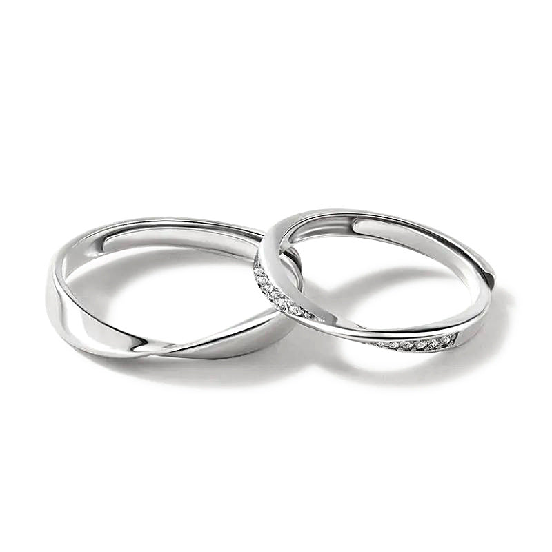 925 Sterling Silver Geometric Couple Rings with Zircon White Gold Plated Adjustable Minimalist Promise Rings for Couples