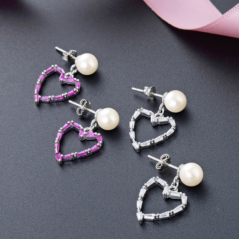 925 Sterling Silver Geometric Drop Earrings - White & Violet Zircon Korean Style Dangle Earrings with Plastic Backs