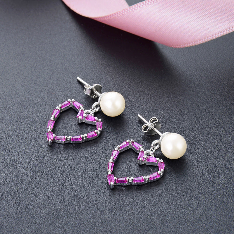925 Sterling Silver Geometric Drop Earrings - White & Violet Zircon Korean Style Dangle Earrings with Plastic Backs