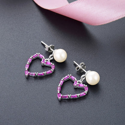 925 Sterling Silver Geometric Drop Earrings - White & Violet Zircon Korean Style Dangle Earrings with Plastic Backs