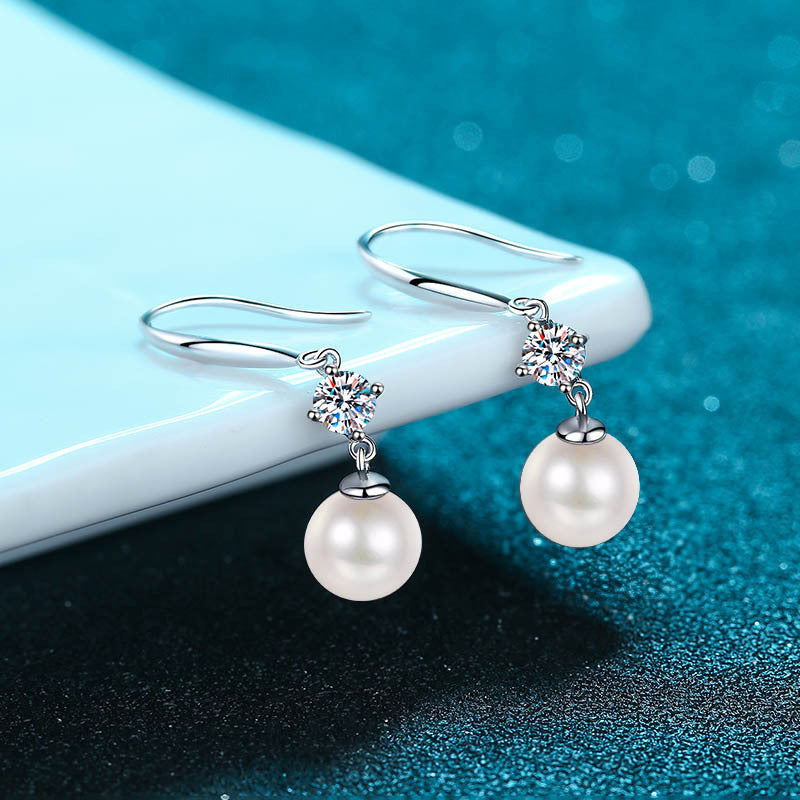 925 Sterling Silver Geometric Hook Earrings - 8mm Freshwater Pearl & 0.30ct Moissanite Accent