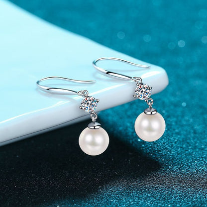 925 Sterling Silver Geometric Hook Earrings - 8mm Freshwater Pearl & 0.30ct Moissanite Accent
