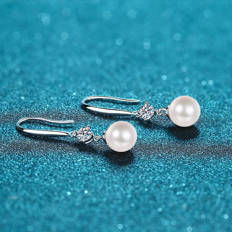 925 Sterling Silver Geometric Hook Earrings - 8mm Freshwater Pearl & 0.30ct Moissanite Accent