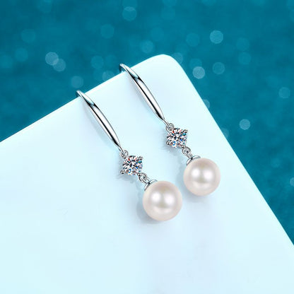 925 Sterling Silver Geometric Hook Earrings - 8mm Freshwater Pearl & 0.30ct Moissanite Accent