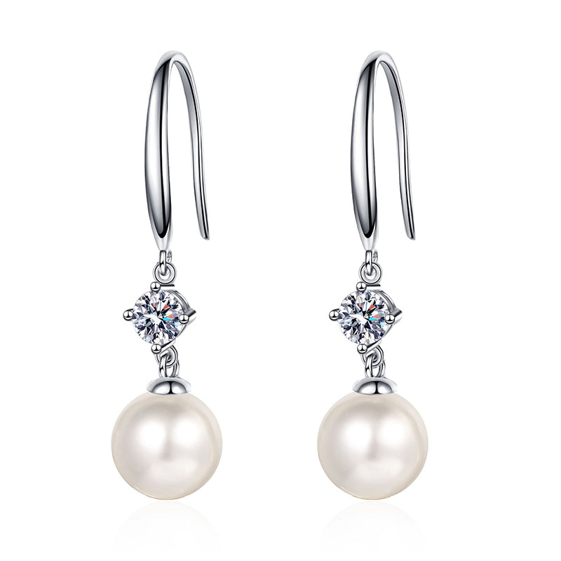 925 Sterling Silver Geometric Hook Earrings - 8mm Freshwater Pearl & 0.30ct Moissanite Accent