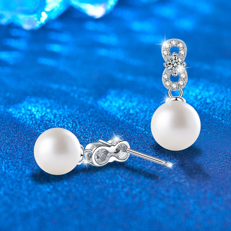 925 Sterling Silver Geometric Pearl Stud Earrings with Moissanite Accents Minimalist Numeric Design Jewelry for Women