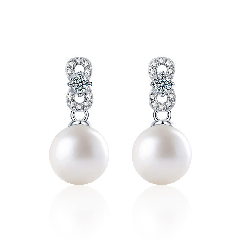 925 Sterling Silver Geometric Pearl Stud Earrings with Moissanite Accents Minimalist Numeric Design Jewelry for Women