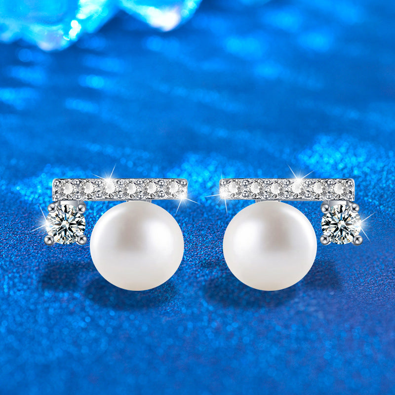 925 Sterling Silver Geometric Pearl Stud Earrings with Numeric Design Minimalist Elegant Jewelry for Women