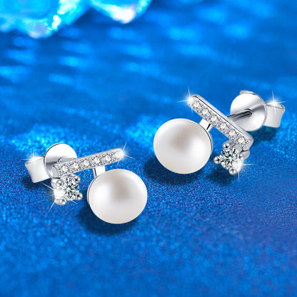 925 Sterling Silver Geometric Pearl Stud Earrings with Numeric Design Minimalist Elegant Jewelry for Women