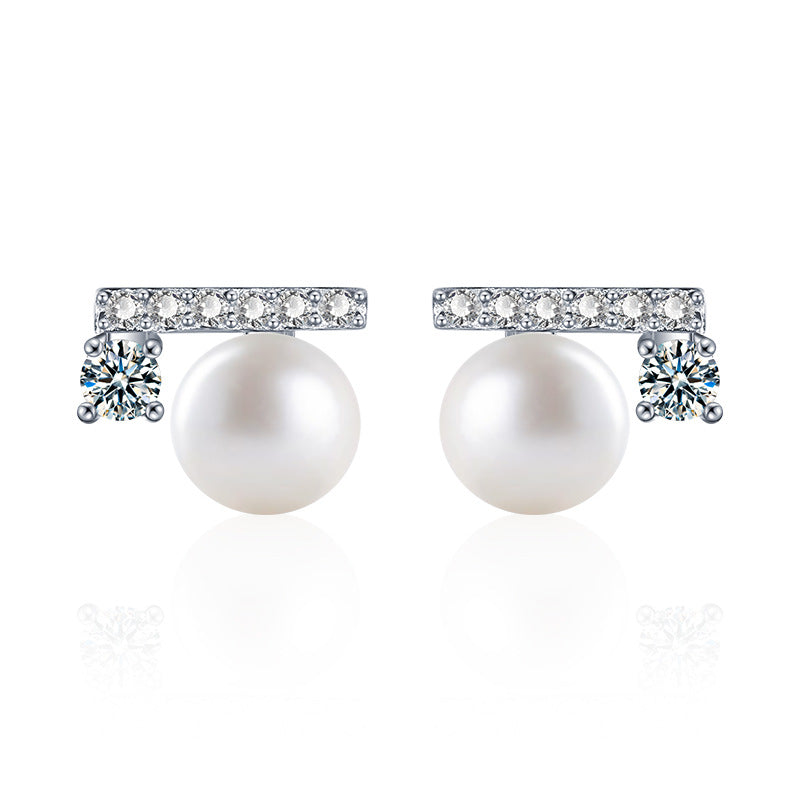 925 Sterling Silver Geometric Pearl Stud Earrings with Numeric Design Minimalist Elegant Jewelry for Women
