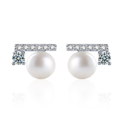 925 Sterling Silver Geometric Pearl Stud Earrings with Numeric Design Minimalist Elegant Jewelry for Women