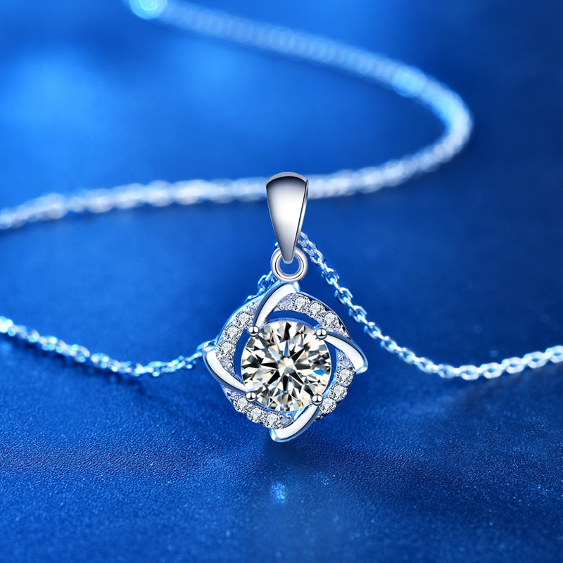 925 Sterling Silver Geometric Pendant Necklace with 1ct Moissanite (White/Yellow Gold) Cross Chain, Rhodium Plated for Women Office Elegance