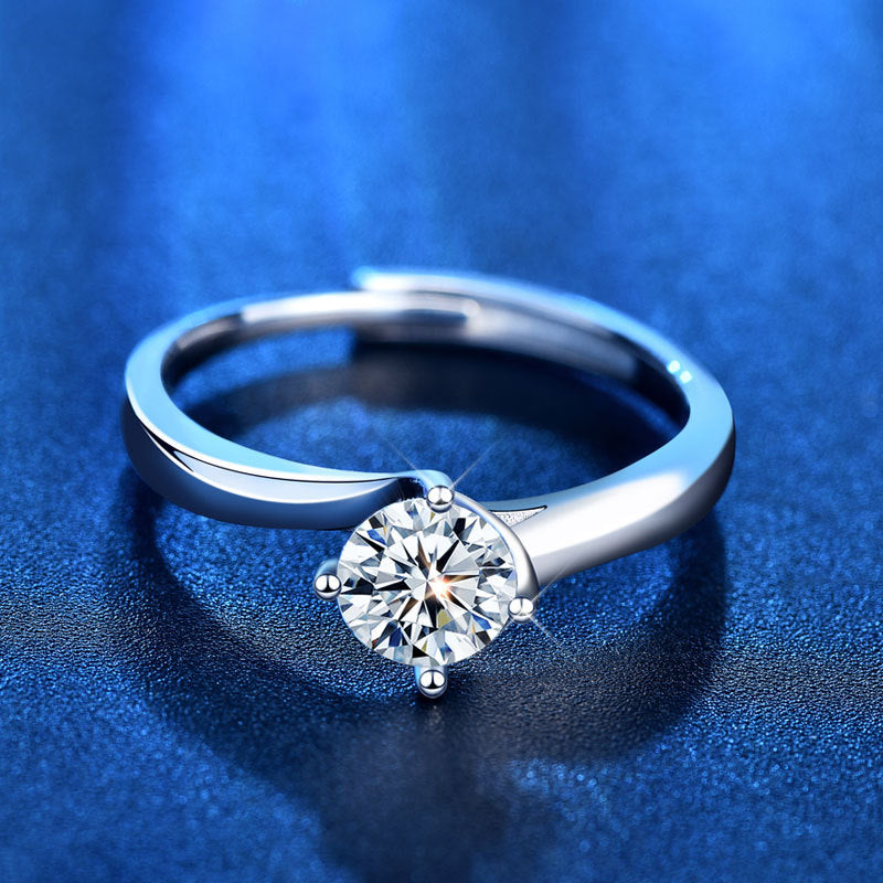 925 Sterling Silver Geometric Ring with 1ct Moissanite - White Gold Plated Adjustable Women's Band