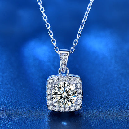 925 Sterling Silver Geometric Square Pendant Necklace with 1ct Moissanite & Cross Chain - White Gold Plated Adjustable Length