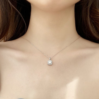 925 Sterling Silver Geometric Square Pendant Necklace with 1ct Moissanite & Cross Chain - White Gold Plated Adjustable Length