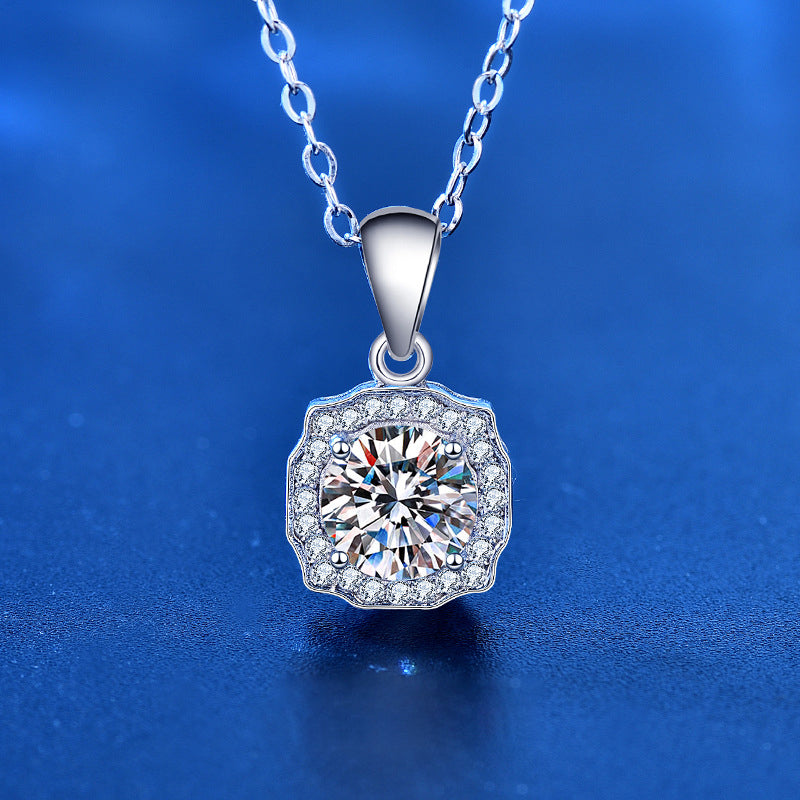 925 Sterling Silver Geometric Square Pendant Necklace with 1ct Moissanite & Cross Chain White Gold Plated Luxury Jewelry