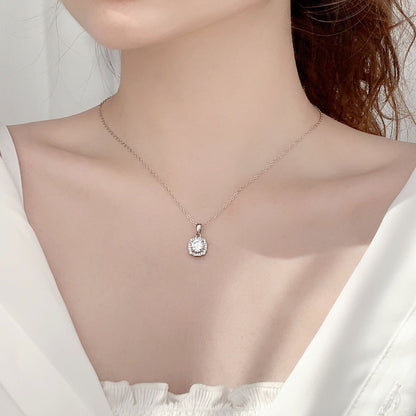 925 Sterling Silver Geometric Square Pendant Necklace with 1ct Moissanite & Cross Chain White Gold Plated Luxury Jewelry