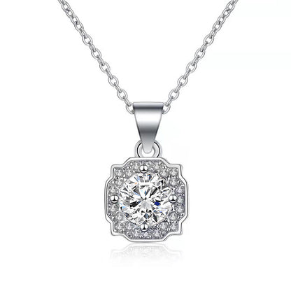 925 Sterling Silver Geometric Square Pendant Necklace with 1ct Moissanite & Cross Chain White Gold Plated Luxury Jewelry