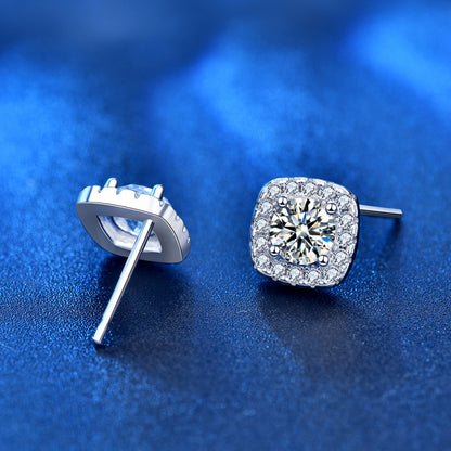 925 Sterling Silver Geometric Square Stud Earrings with 0.5ct/1ct/2ct Hearts & Arrows Moissanite Professional Elegant Jewelry for Women