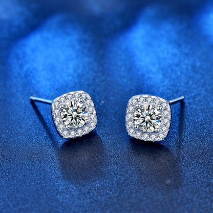 925 Sterling Silver Geometric Square Stud Earrings with 0.5ct/1ct/2ct Hearts & Arrows Moissanite Professional Elegant Jewelry for Women