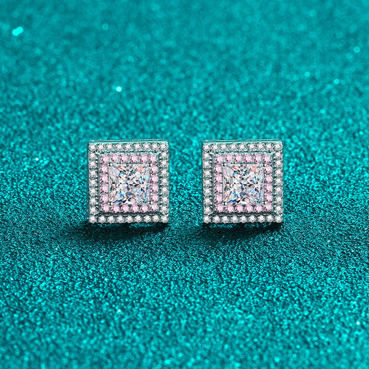 925 Sterling Silver Geometric Square Stud Earrings with Moissanite – PT950 Rose Gold Plated