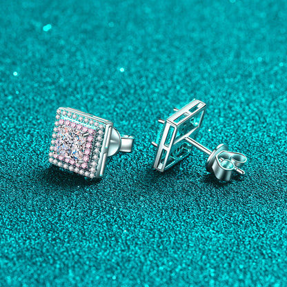 925 Sterling Silver Geometric Square Stud Earrings with Moissanite – PT950 Rose Gold Plated