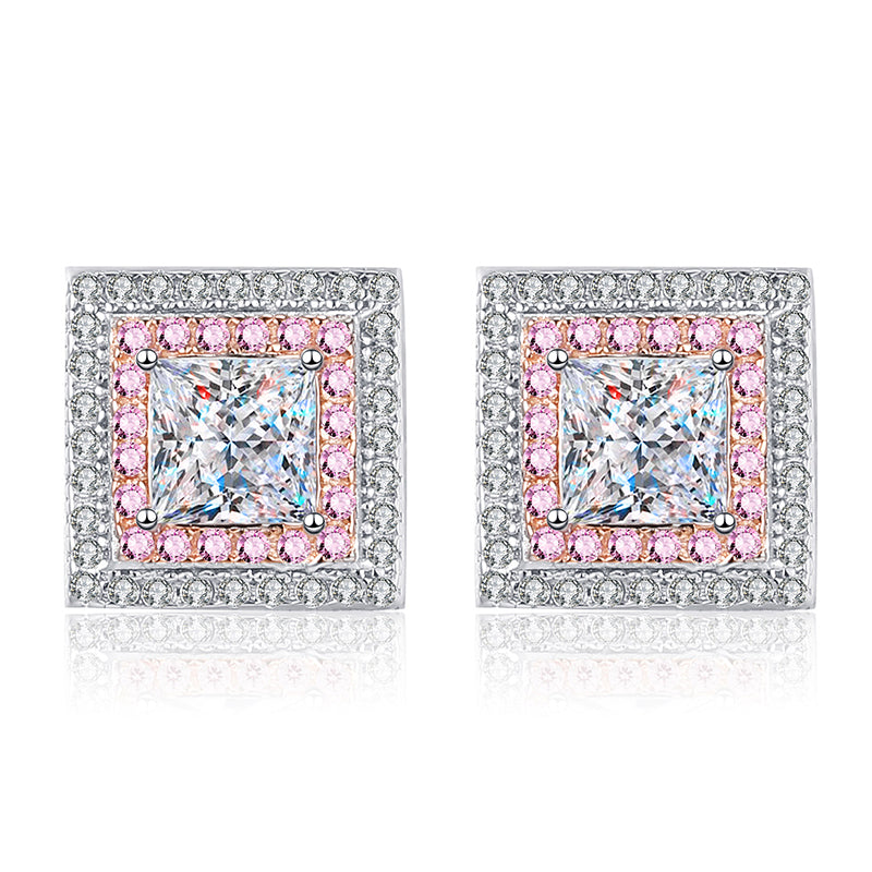 925 Sterling Silver Geometric Square Stud Earrings with Moissanite – PT950 Rose Gold Plated