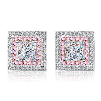 925 Sterling Silver Geometric Square Stud Earrings with Moissanite – PT950 Rose Gold Plated