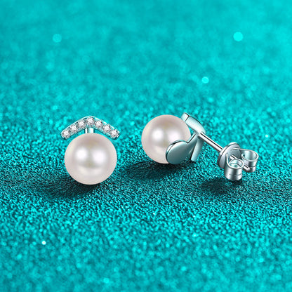 925 Sterling Silver Geometric Stud Earrings - 0.11ct Moissanite & 8-9mm Pearls with Platinum Plating