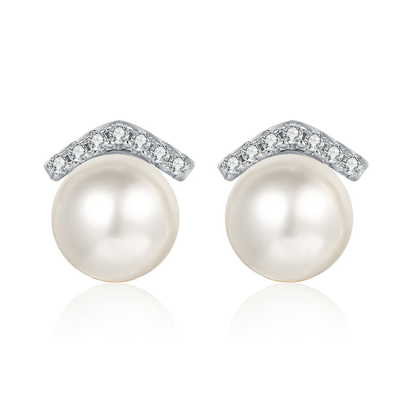 925 Sterling Silver Geometric Stud Earrings - 0.11ct Moissanite & 8-9mm Pearls with Platinum Plating