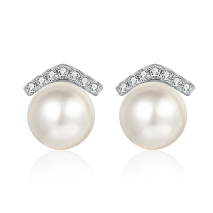 925 Sterling Silver Geometric Stud Earrings - 0.11ct Moissanite & 8-9mm Pearls with Platinum Plating