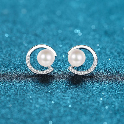 925 Sterling Silver Geometric Stud Earrings - 0.13ct Moissanite & Flawless Freshwater Pearls