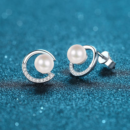 925 Sterling Silver Geometric Stud Earrings - 0.13ct Moissanite & Flawless Freshwater Pearls