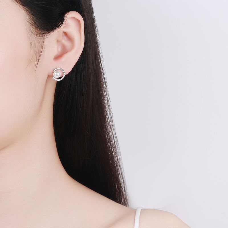 925 Sterling Silver Geometric Stud Earrings - 0.13ct Moissanite & Flawless Freshwater Pearls