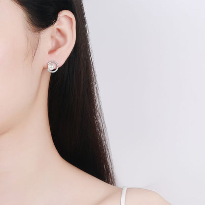 925 Sterling Silver Geometric Stud Earrings - 0.13ct Moissanite & Flawless Freshwater Pearls