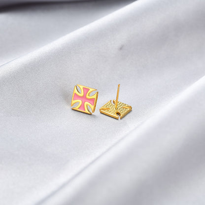 925 Sterling Silver Geometric Stud Earrings-Electroplated, Korean-Style Minimalist & Sweet, with Plastic Ear Stoppers