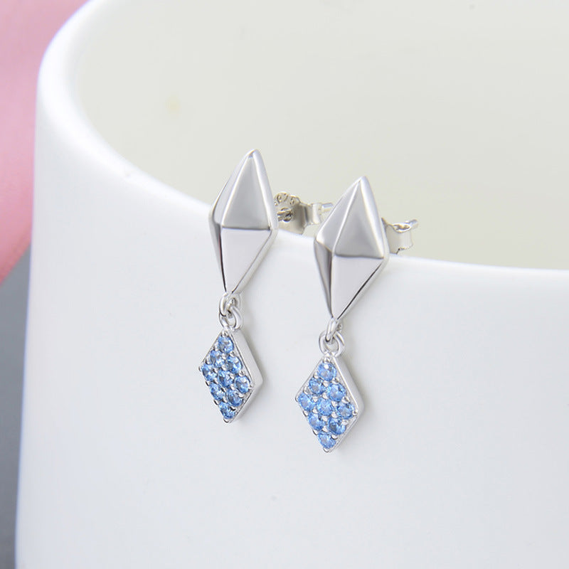 925 Sterling Silver Geometric Stud Earrings for Women-White & Blue Diamond Korean-Style Fashion Earrings with Plastic Ear Backs