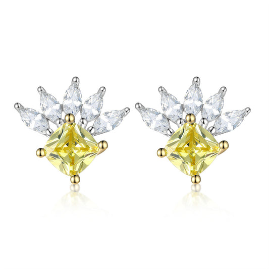 925 Sterling Silver Geometric Stud Earrings for Women Elegant Crown & Star Design, White Gold Plated 2.3g