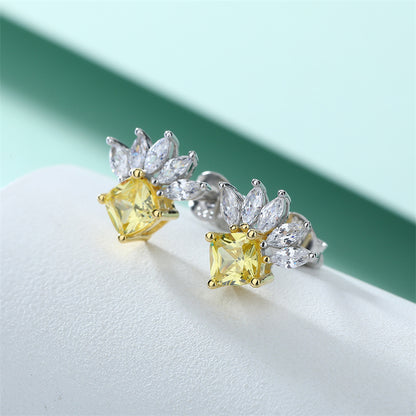 925 Sterling Silver Geometric Stud Earrings for Women Elegant Crown & Star Design, White Gold Plated 2.3g
